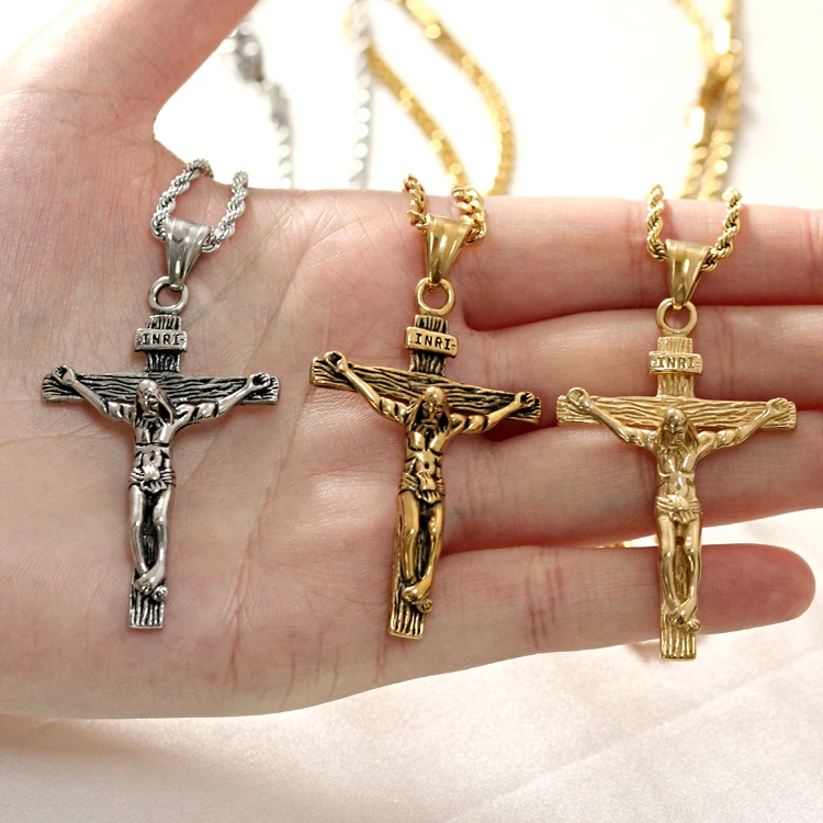 

Stainless steel antique cross crucifix jewelry colgante men christian religious statement gold cross pendant jesus necklace