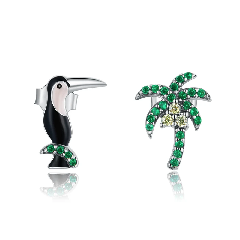 

Genuine 925 Sterling Silver Asymmetric Toucans and Coconut Tree Stud Earrings
