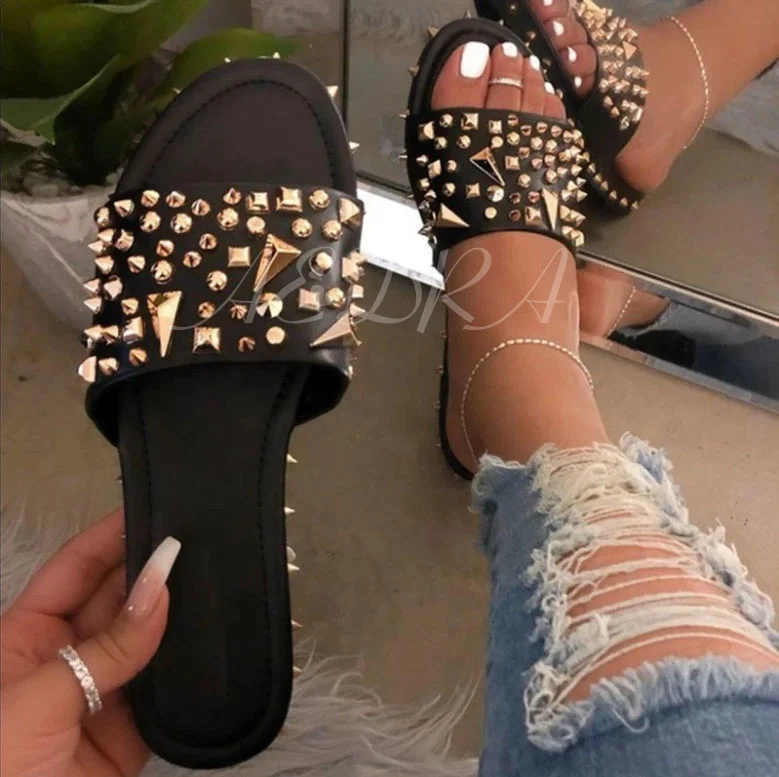 

Slip-On Flip Flop Metal Rivets Shoes Black Sandals Women Flats Spikes Slipper