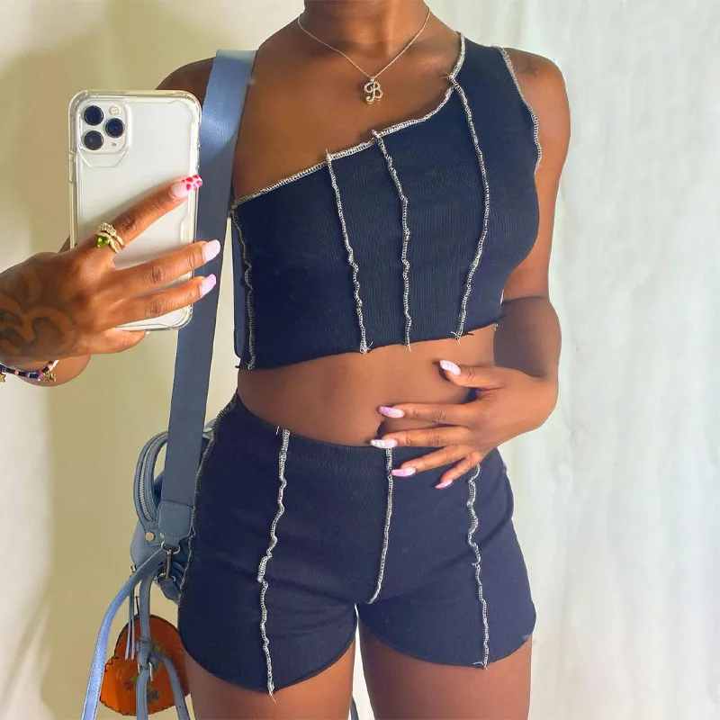 

Women 2 Piece Sports Set Striped Casual Summer Women Clothing Sexy One Shoulder Top Short Pants Two Piece Set