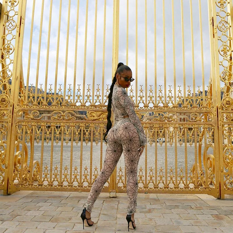 

European and American women's wear 2020 fall new spiderweb print long sleeve jumpsuit with corseted feet, Snake skin print/leopard print