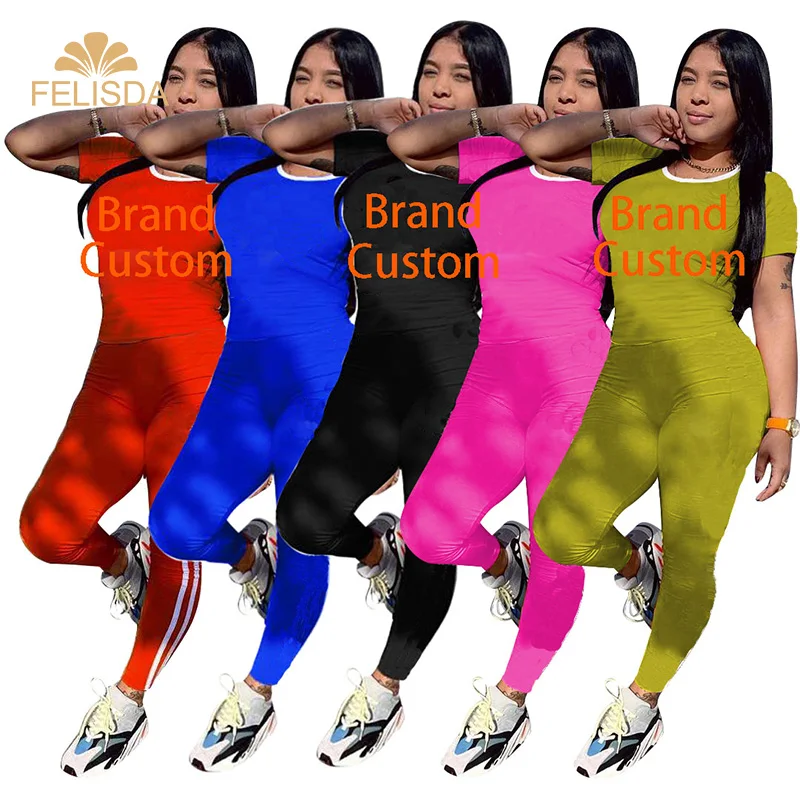 

FELISDA Women's T-shirts + Letters Print Elastic Skinny Leggings Sportswear Slim Outfit Women Fitness Plus Size 2 Pieces Set