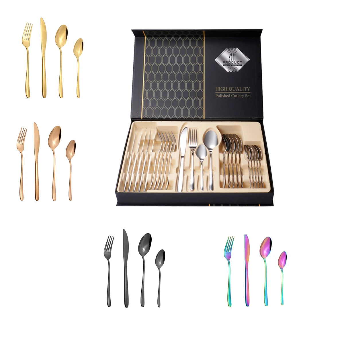 

Wholesale Wedding Silverware Reusable Knife Spoon Fork Luxury 24pcs Stainless Steel Flatware Gold Cutlery Set With Gift Box, Sliver,gold,black,colorful,rose gold