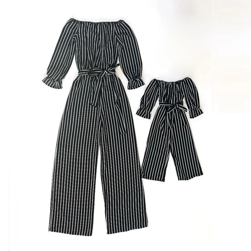 

Family Matching Clothes Black Striped Full Printed Long Skirt Mom and Daughter One-Piece Parent-Child Wear, Picture