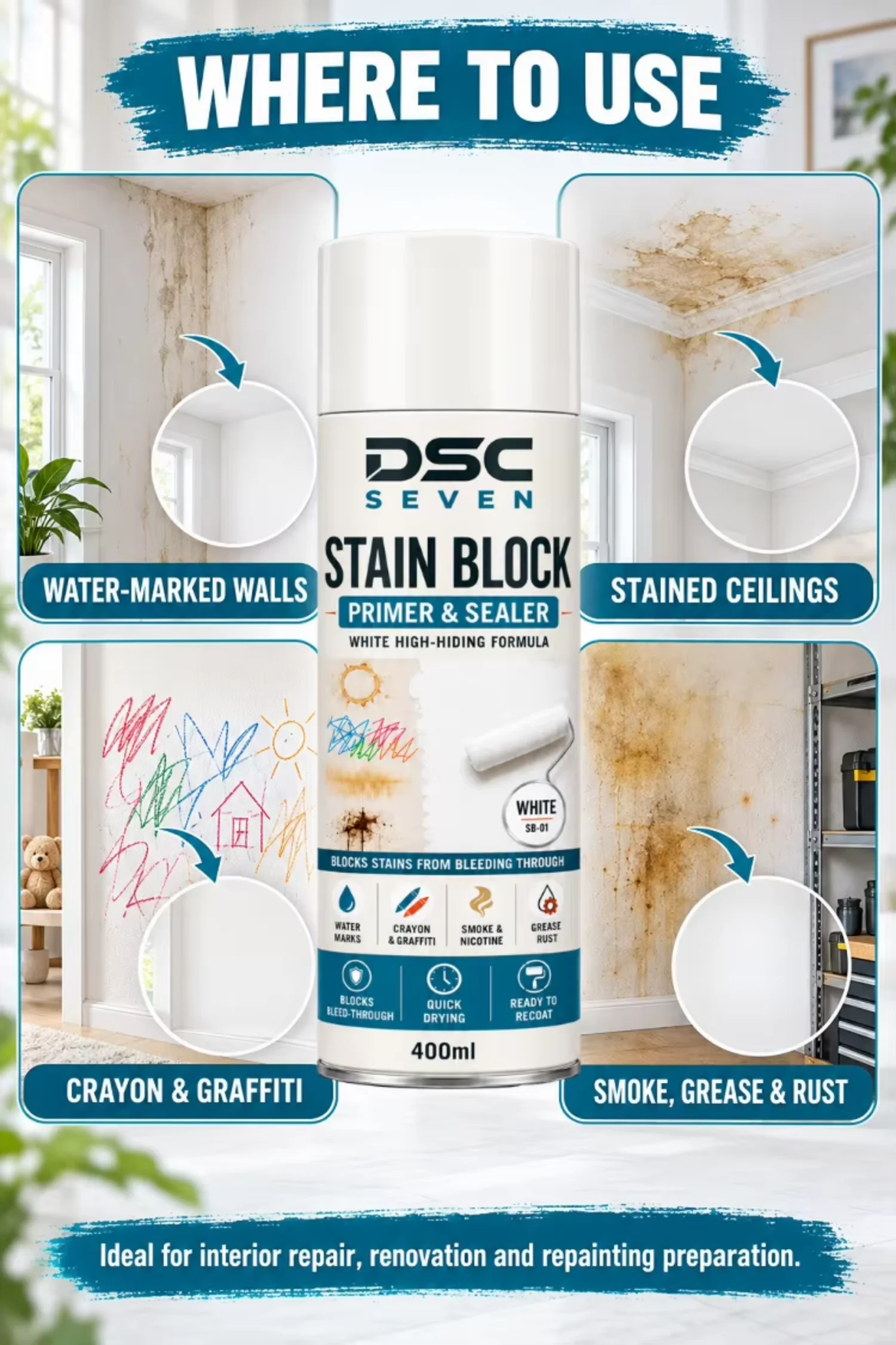 Stain Blocking Acrylic Primer Spray Paint Water-based Matte for for Ceiling Wall Door Repaint