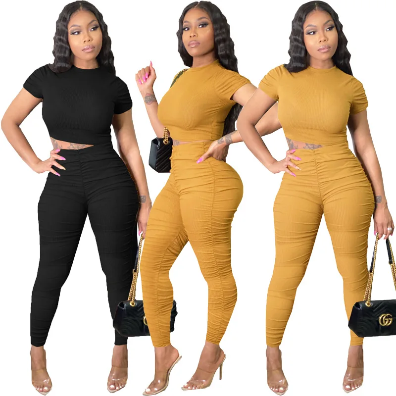 

Workout Sets For Women New Sexy Fashion Pleated Short Sleeve Two Piece Set, Picture color