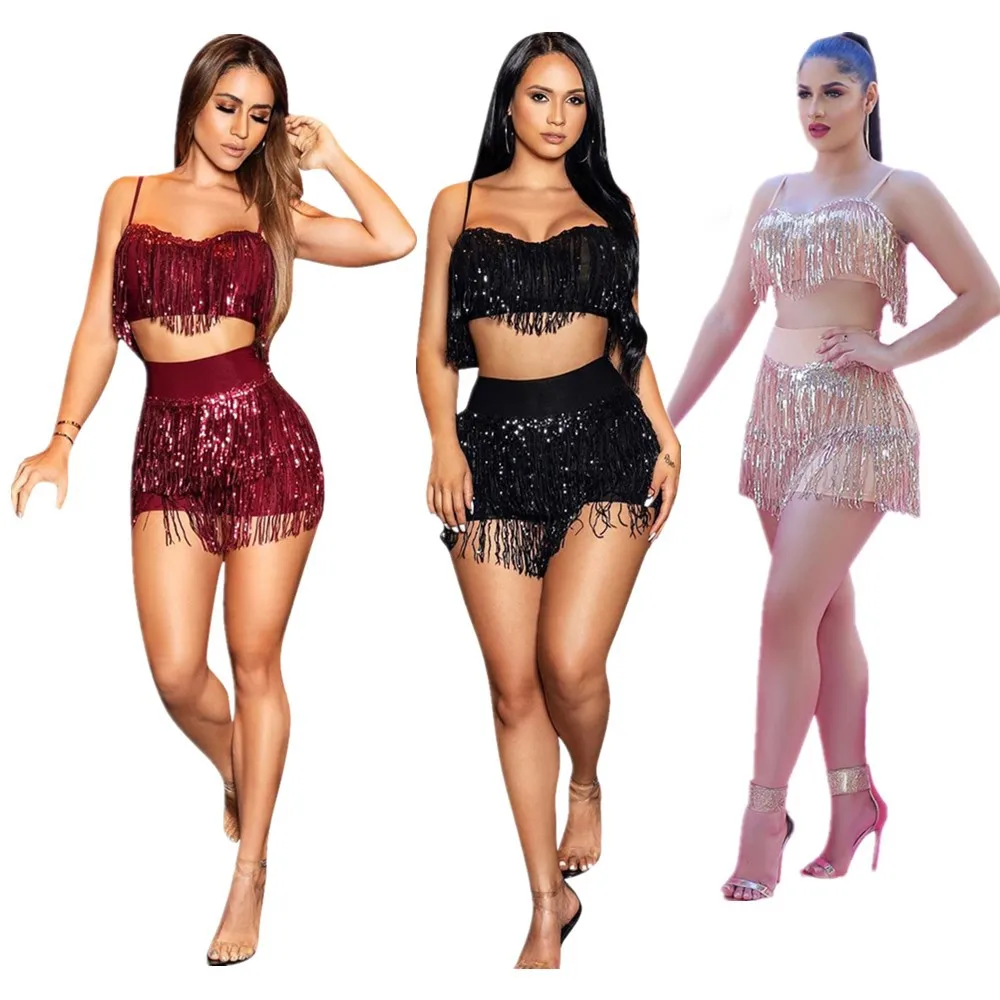 

J6128 New arrivals tassel sequined 2 piece set women summer crop top bodycon summer two piece sets backless two piece outfit