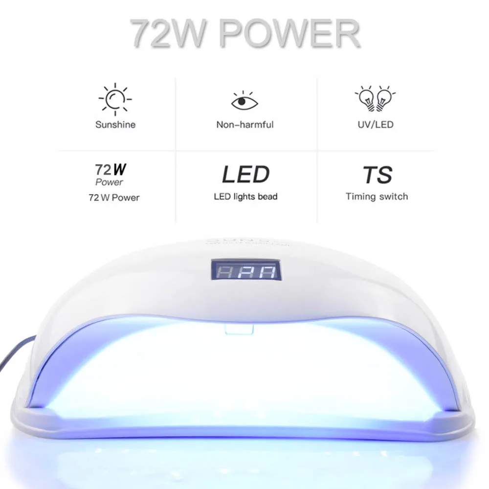

72W SUN5 Pro UV Lamp LED Nail Lamp Nail Dryer For All Gels Polish Sun Light Infrared Sensing 10/30/60s Timer Smart For Manicure, White