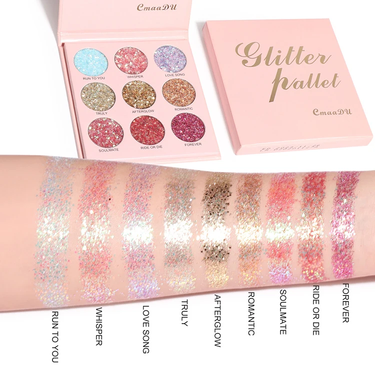 

Wholesale Private Label Women 9Color 9 Pressed Glitter Eye Shadow Palette Bulk Gliter Pink Green Blue Onion Eyeshadow Palette