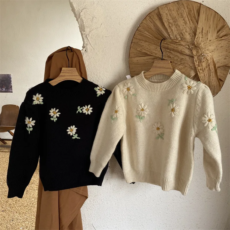 

2021 winter new arrival infant baby kids girls sweaters toddler kids embroidery flower shirt casual outfit 7B11041