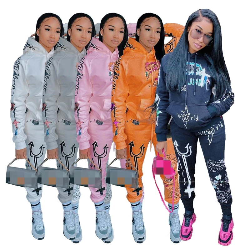 

2021 Graffiti Streetwear Two 2 Piece Set Women Tracksuit Female White Black Hoodies Pants Women Matching Sets Outfits Sweatsuit