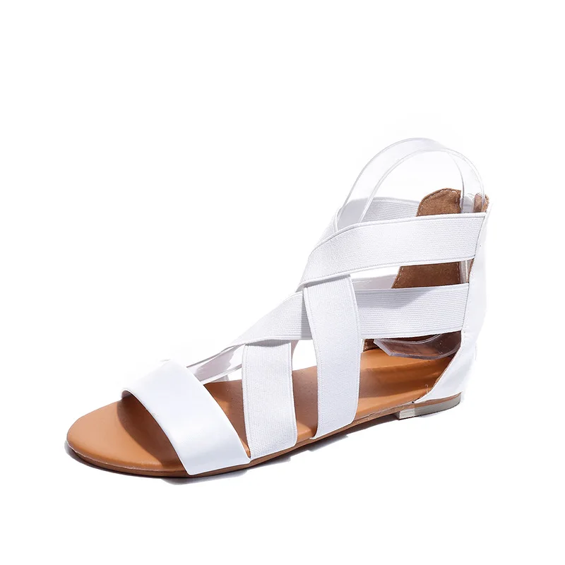 

New Design Large Size Cross Elastic Strap Roman Style Zipper Up Soft Flat Sandal, 3 color