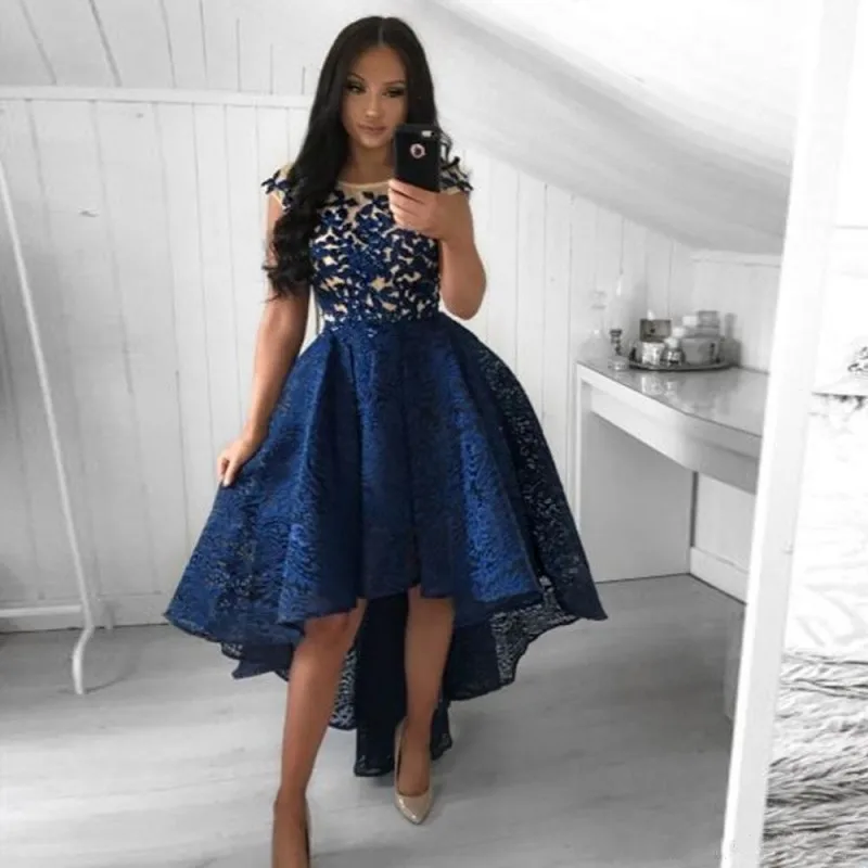 

Sexy Sheer Capped Sleeves Appliqued Bodice Blue Lace High Low Prom Short Dress for Girls