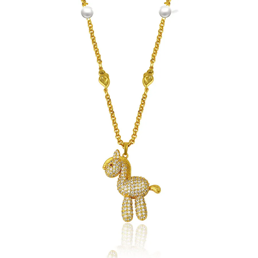 

43309 xuping jewelry Animal Series 24K Gold White Horse Inlaid Diamond Pendant Gold Necklace