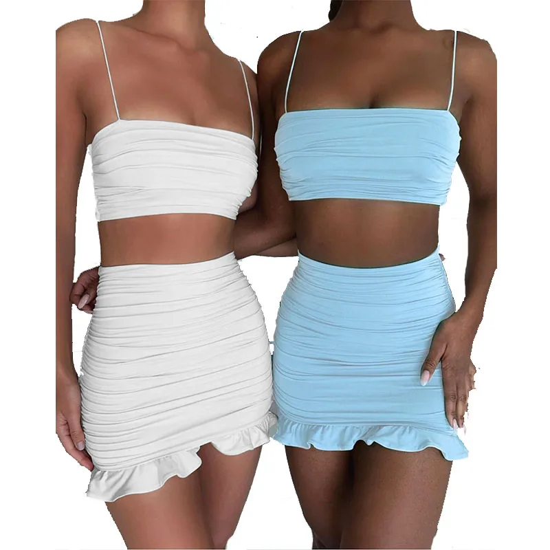 

2021 Summer condole belt vest folding 2 piece outfits two piece women's skirts set