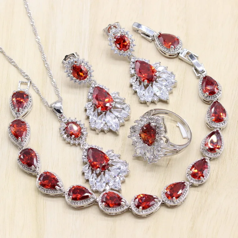 

Water Drop Red Cubic Zirconia Women Gracious Jewelry Sets Silver Color Earring Pendant Necklace Bracelet Ring Gift Box