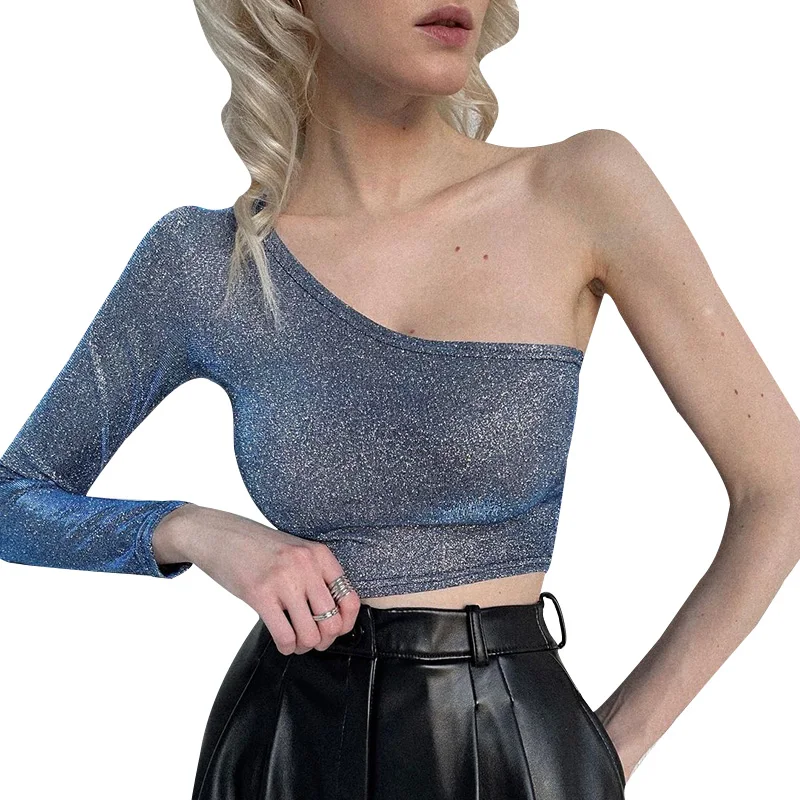 

TP0172 Wholesale Summer Trendy Clothing Woven Slim Long Sleeve Sexy Cropped One Shoulder Top For Women, Blue