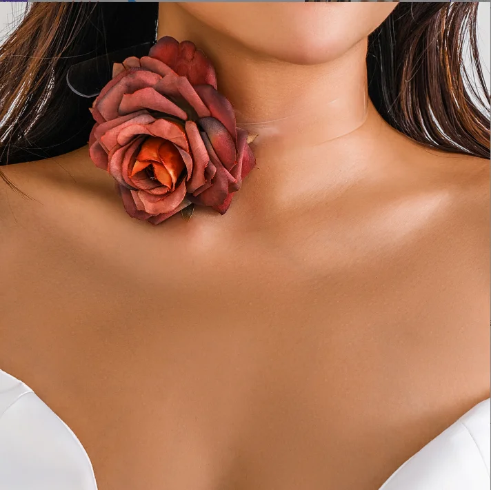 

Big Rose Flower Clavicle Chain Necklace for Women Wedding Bridal Adjustable Handmade Long Rope Chains Choker necklace Jewelry