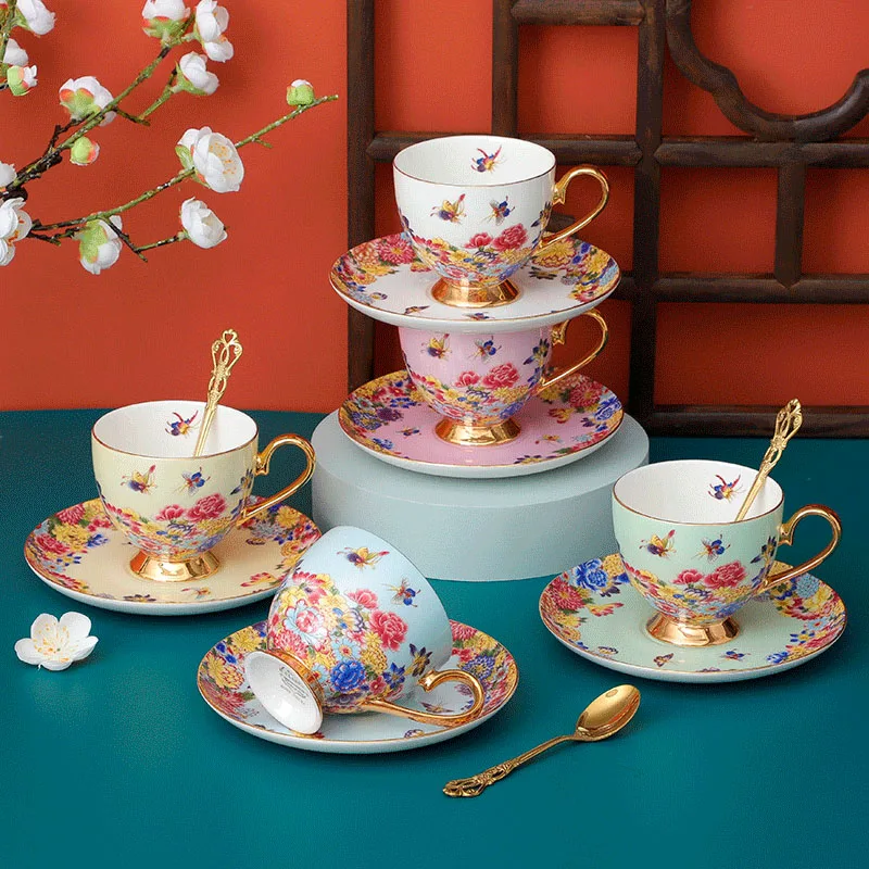 

High quality Bone China Porcelain Coffee Cup with Saucer and spoon black tea cup Afternoon Tea Cup Set, White/pink/yellow/green/blue
