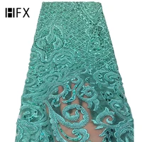

HFX High-End Handmade Beaded Embroidery French Lace Wedding Dress Embroidered Aqua Tulle Fabric