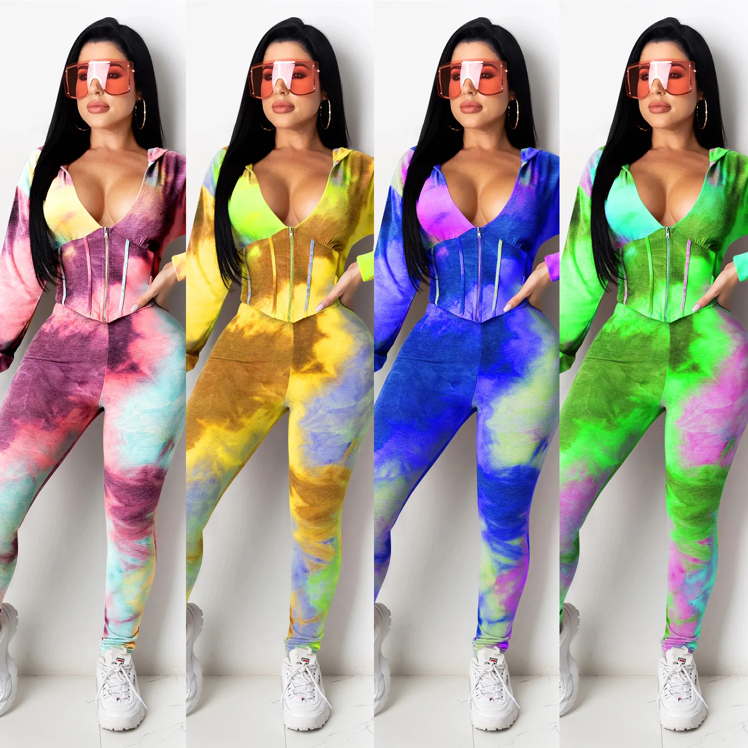 

Women's sweater long sleeve pants set hooded bodycon zipper outfit beautiful printing 2 piece women tracksuit set