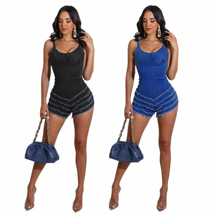

Summer jeans for girls stylish strappy one-piece jeans sexy shorts jumpsuit, Shown