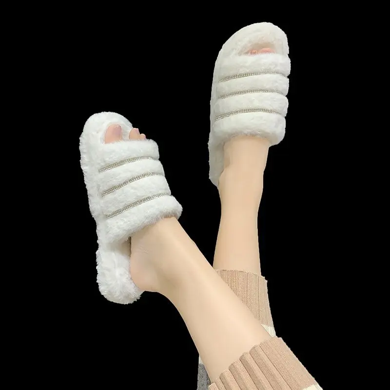 

Size 35-43Hot sale Multicolor women's diamond sandals Ladies faux Fur platform Slippers plus size Sandals, White,green,colorful,pink,black