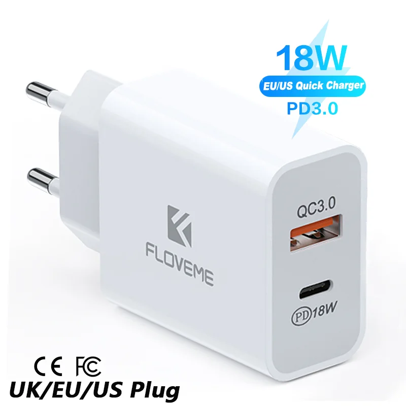 

1 Sample OK CE FCC FLOVEME QC3.0 EU US UK Plug Travel Adapter Wall Charger USB Adapter PD Mobile Phone Charger For iphone 12