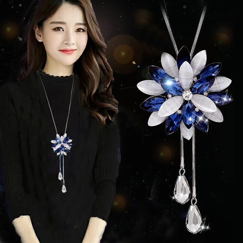 

MX06 Hot Sell Wholesale Fashion Snowflake Long Crystal Sweater Chain Necklace For Women