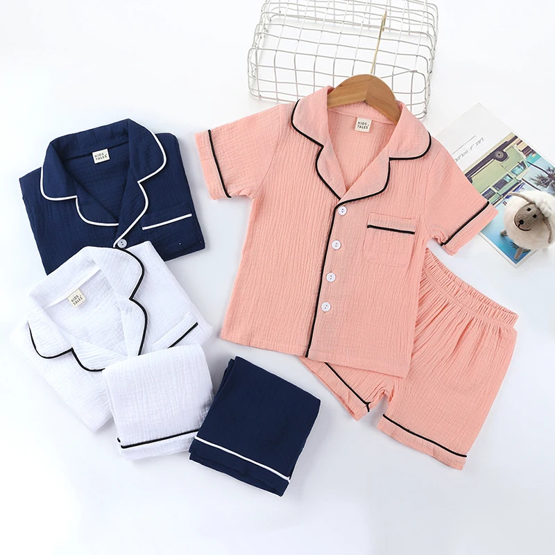

New Style Children Pajamas Kids Plain Color Cotton Linen Pajamas Sets Kids Short Sleeves Sleepwear for Summer, Picture shows