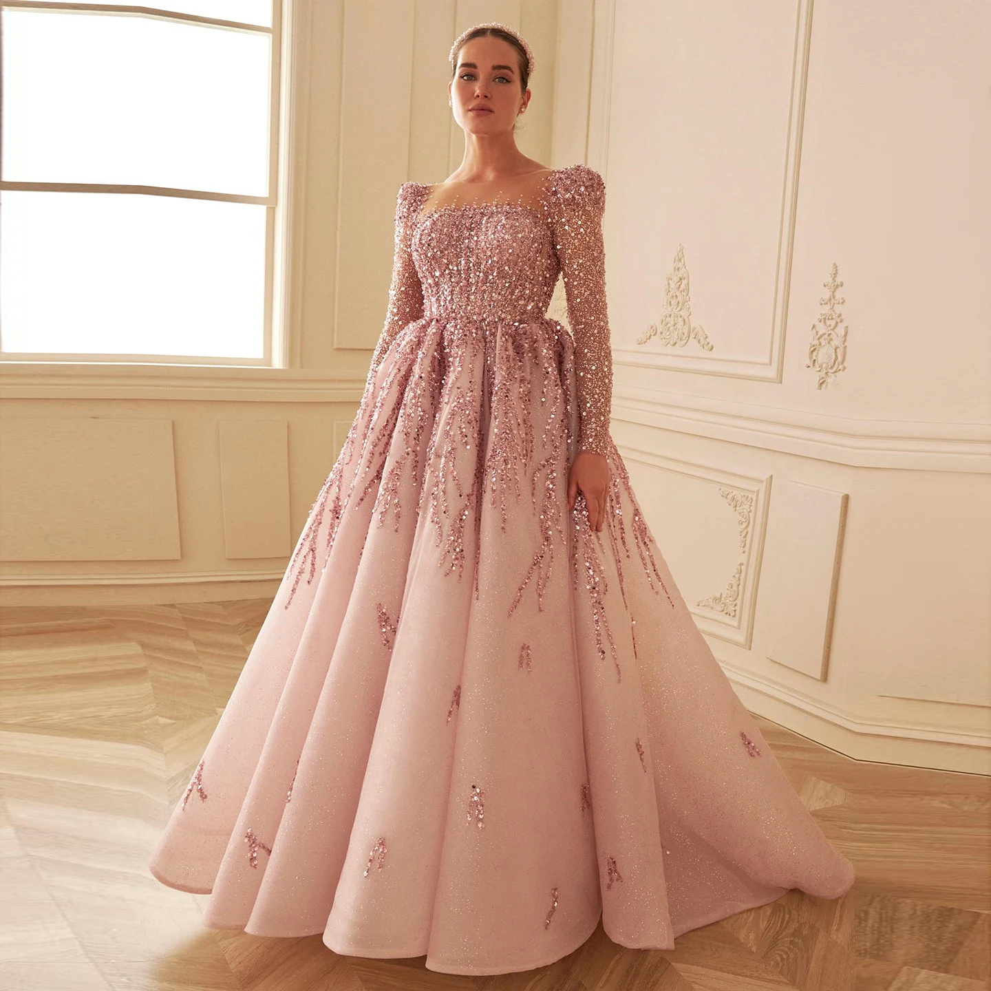 

Dusty Pink Long Sleeves Dubai Luxury Evening Dresses for Women Wedding Party Arabic Muslim Formal Prom Gowns SZ453