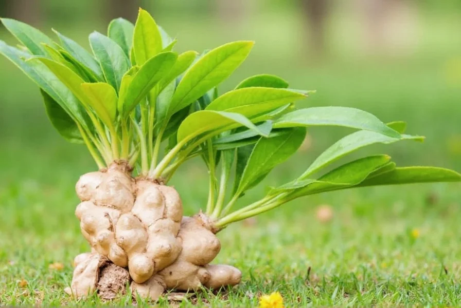 Gardener harvesting mature ginger rhizomes from well-prepared soil with visible healthy root system