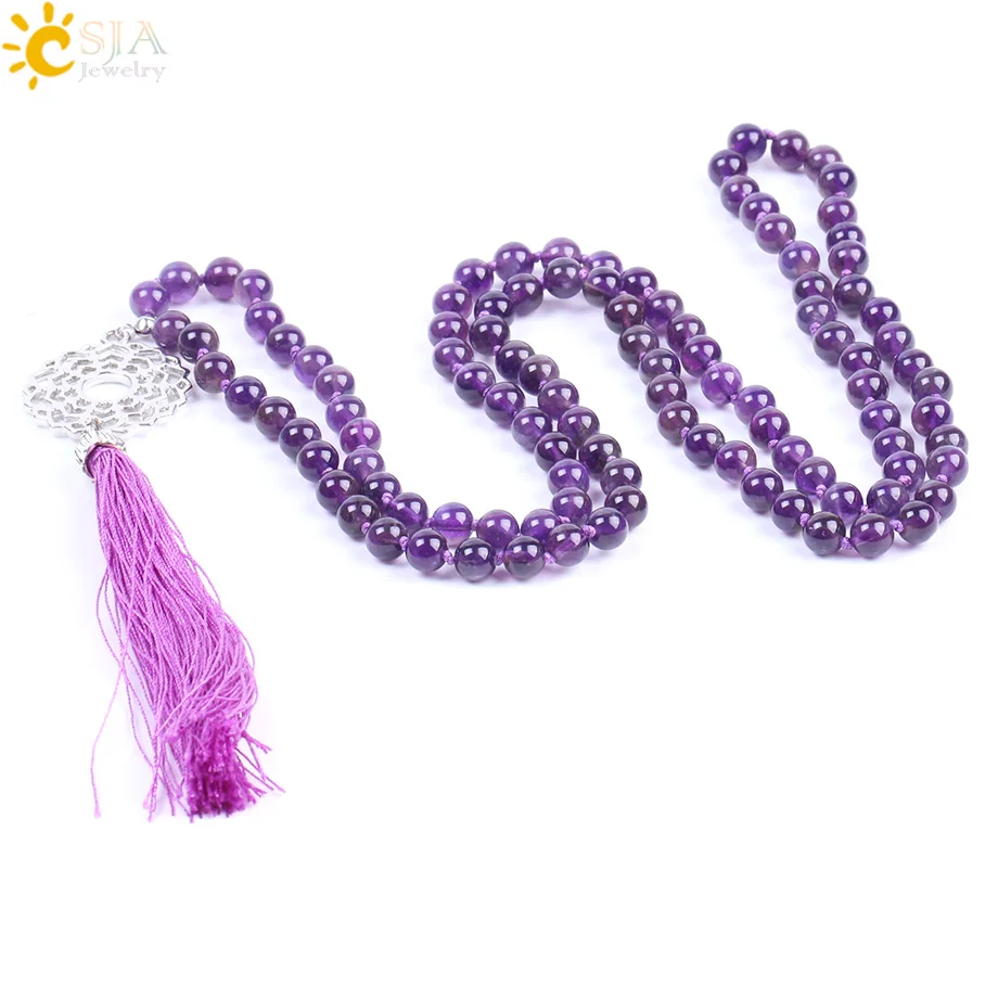 

CSJA handmade natural stone amethyst 6mm crystal bead knot mala long necklace with tassel charm healing jewelry F167