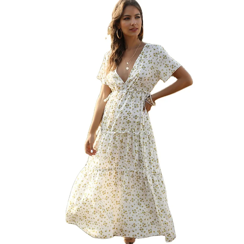 

Hot Sale In-stock Wholesale Bohemia Maxi Dress Floral Print V-neckline Ruffle Maxi Dress