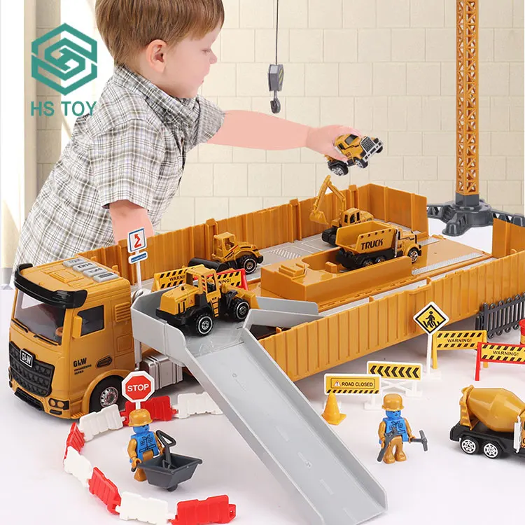 

HS TOY Alloy Engineering Rail Container Truck Model Steam Diy Construction Site Vehicle Set Toy Lift Passenger With Pendant