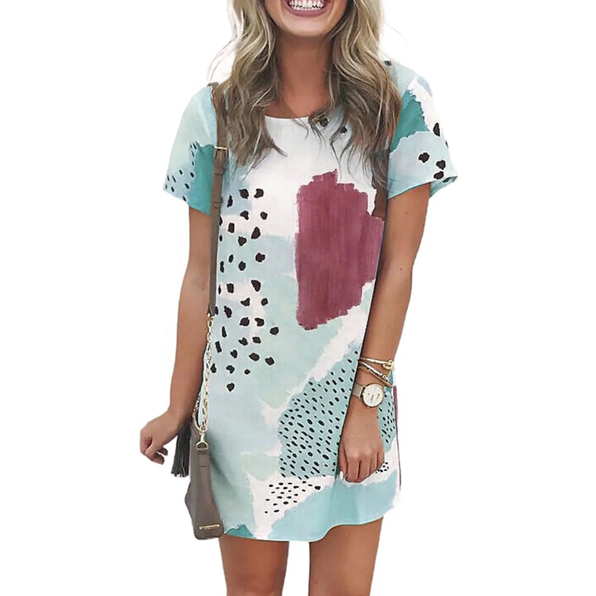 

SD217 dress 2021 New Casual Leopard Color Block Mini Women Clothing Dress short sleeve dress