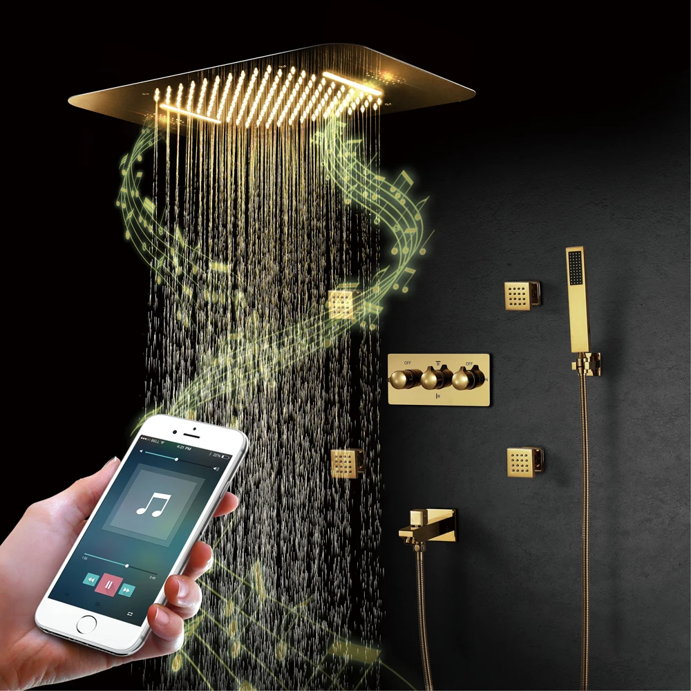 

Gold Brass LED hot cold concealed remote control music shower set with spout