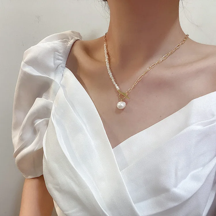 

B-1 Baroque Pearl Pendant Choker Necklace for Women Wedding Punk Big Bead Lariat Gold Color Long Chain Necklace Jewelry, Picture