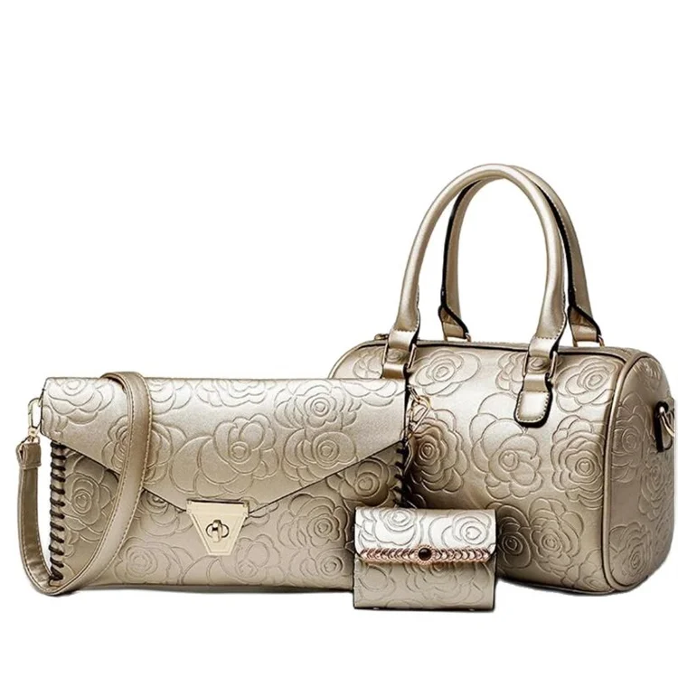 

Hot sale rose embossed ladies bags 3 pieces handbags set gold pu leather purses and handbags for women luxury, Golden,black,blue,white