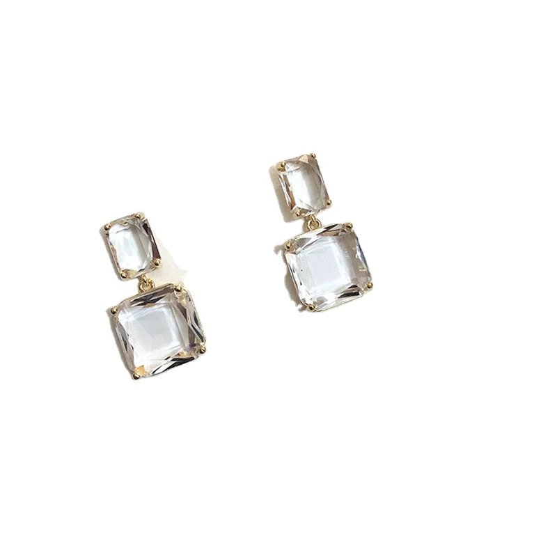 

Korean geometric transparent splicing crystal cube pendant earrings
