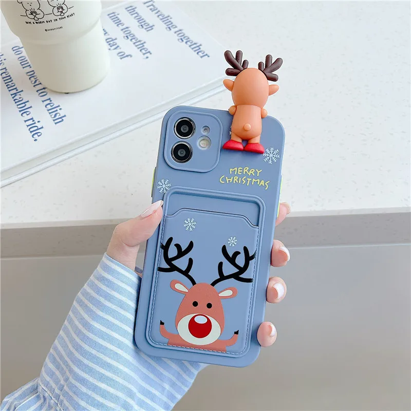 

3D doll merry christmas deer tree soft tpu silicone card bag phone case for xiaomi mobile phone case, 2 colors
