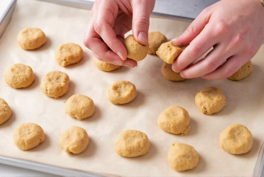 Hands shaping ginger cookie dough balls on baking sheet with parchment paper