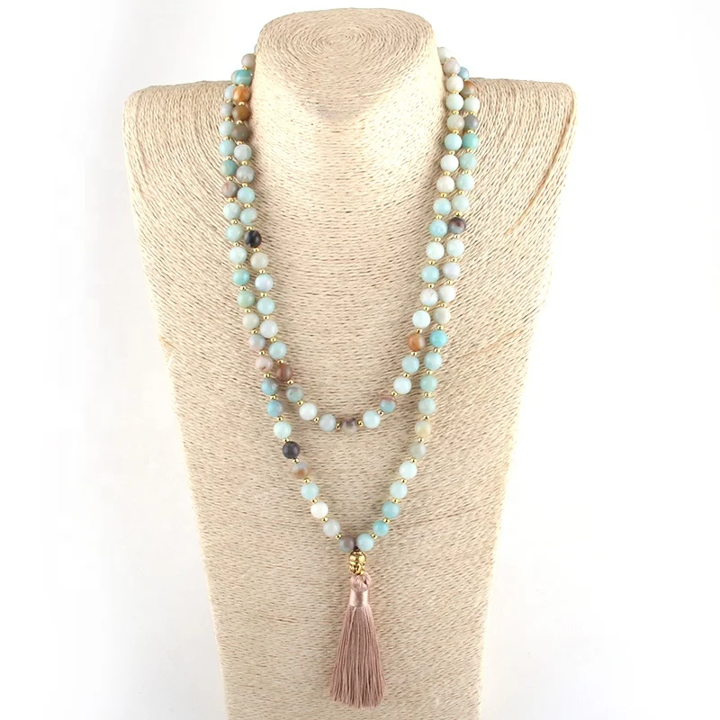 

Women Yoga Necklace Amazonite Stone Buddha Charm Pendant Necklace 108 Beads Mala Necklace