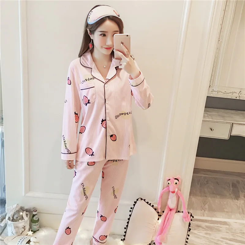 

Women's spring and autumn cardigan pajamas women's long-sleeved pajamas cute and enlarged home clothing suits