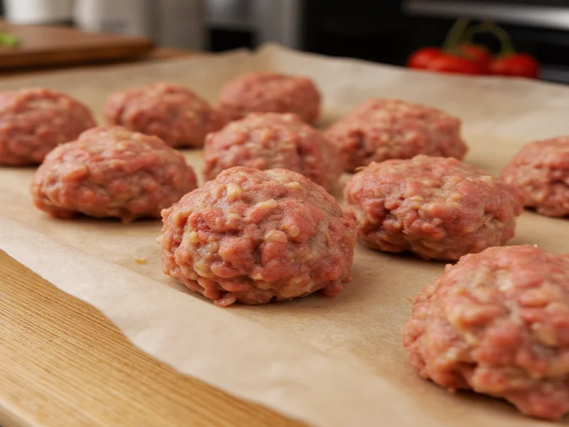 Homemade meatballs resting on parchment paper before cooking