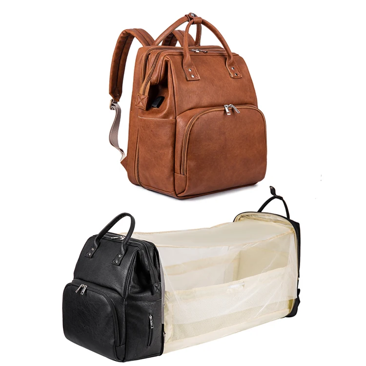 

Waterproof PU Bassinet Diaper Bag Leather Backpack With Changing Bed Women Travel Backpack Baby Bag With USB Charging Port
