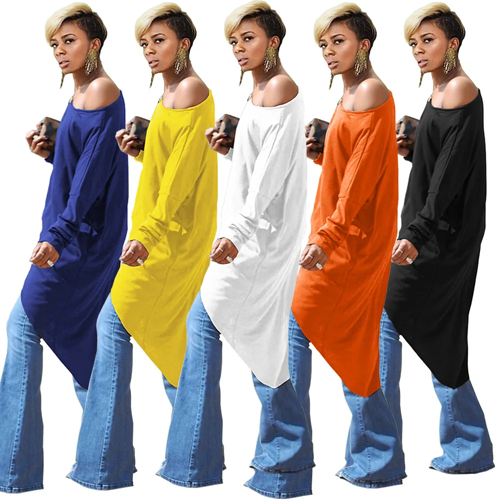 

Wenzhe European and American women's irregular oblique round neck short front and back long cotton top dress