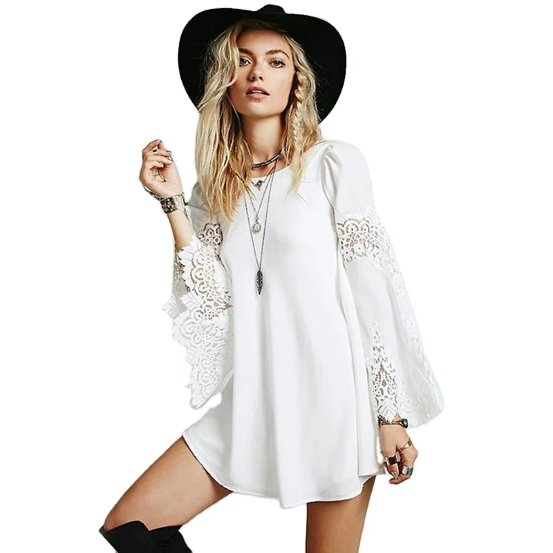 

Wholesale hot sale daily wear chiffon lace patchwork textiles fabrics embroidered loose long sleeve a-line dress, 2 colors