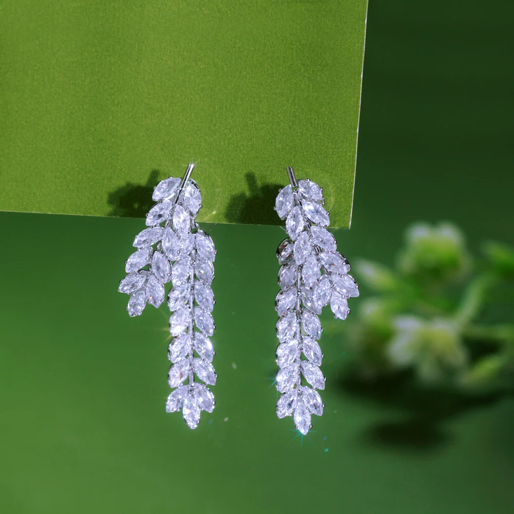 Creative Cluster Fringed Marquise Cut White Cubic Zirconia Long Leaf Wedding Bridal Dangle Drop Earrings for Women Jewelry