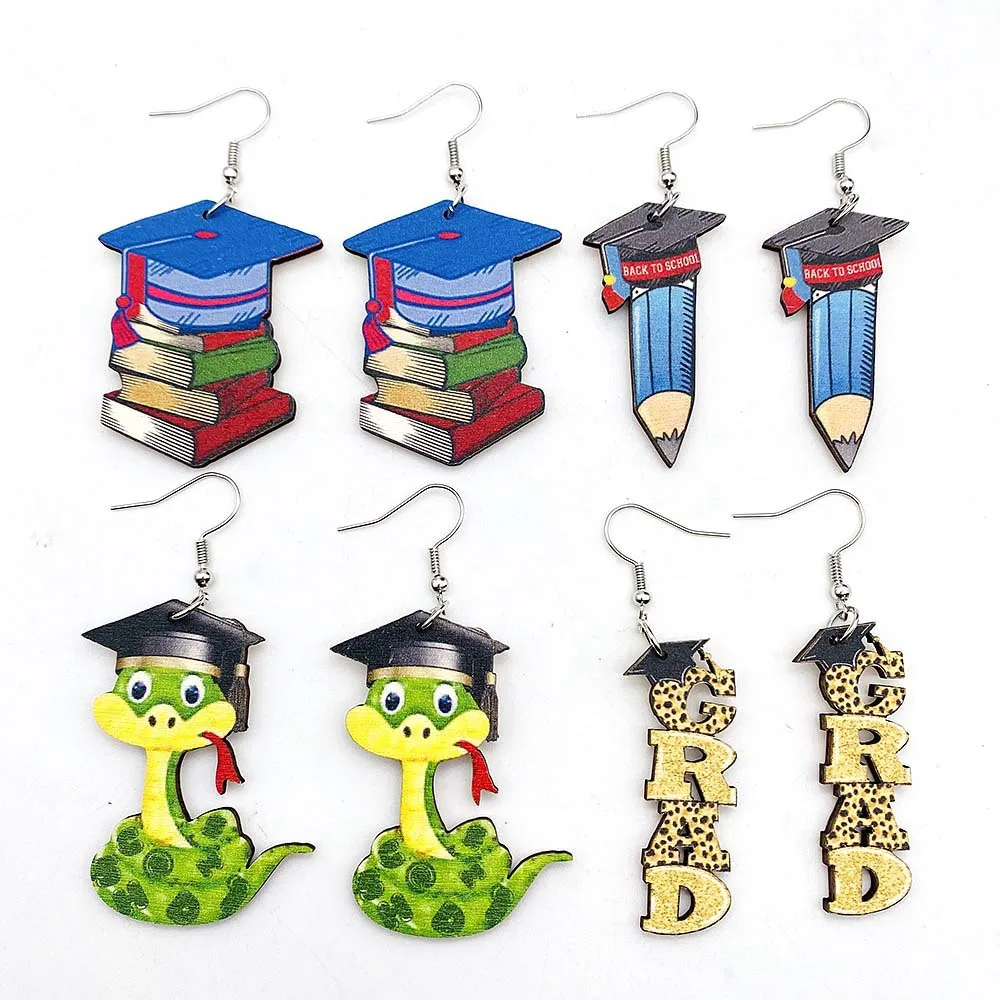 

Cute Wooden Cap Snake Pendant Earrings For Student Popular Pencil Book Earrings Wholesale